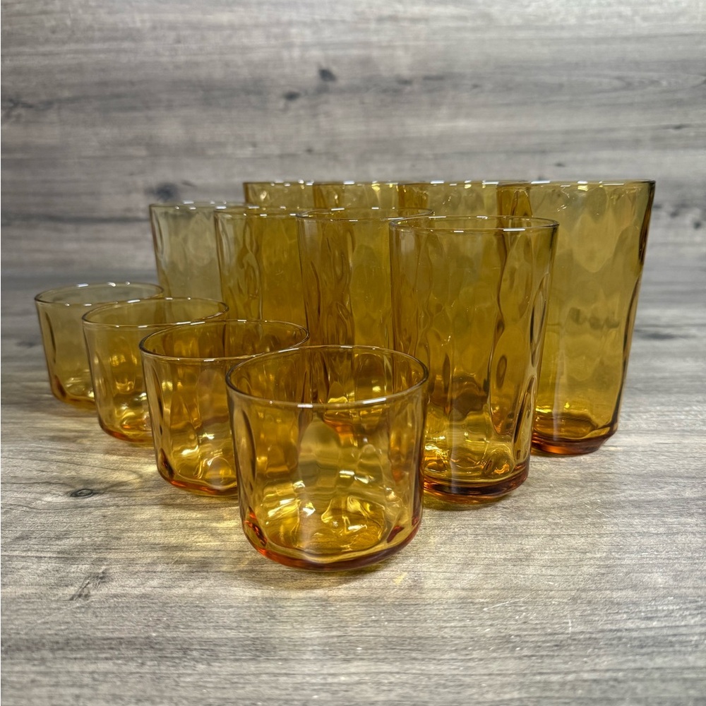 (12) Vintage Hazel-Atlas Glasses/Tumblers Eldorado Amber Honey Dot Retro
